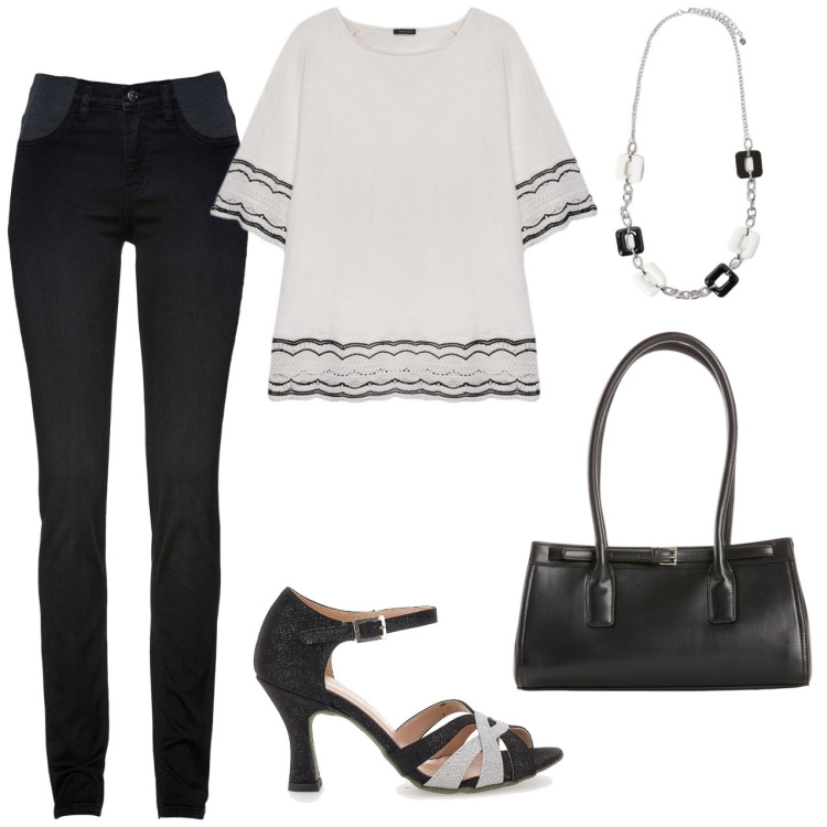 Outfit donna - Bianco e nero. Stile Casual per Ufficio. Abbinamento con jeans skinny, borse a mano, bluse, sandali, collane.