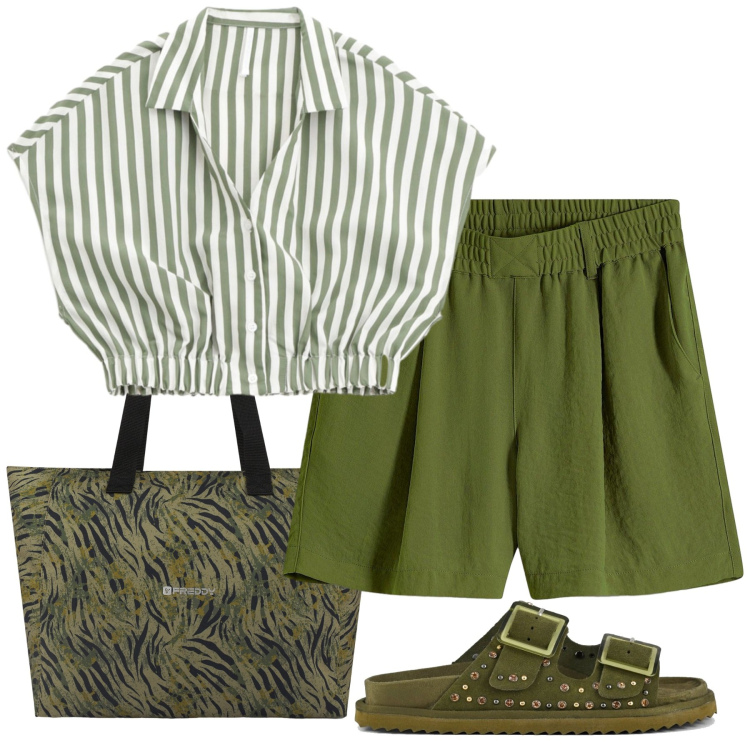 Outfit donna - Total look #2224028. Stile Minimal per Tutti i giorni. Abbinamento con bermuda, camicie a manica corta, shopping bag, sandali.