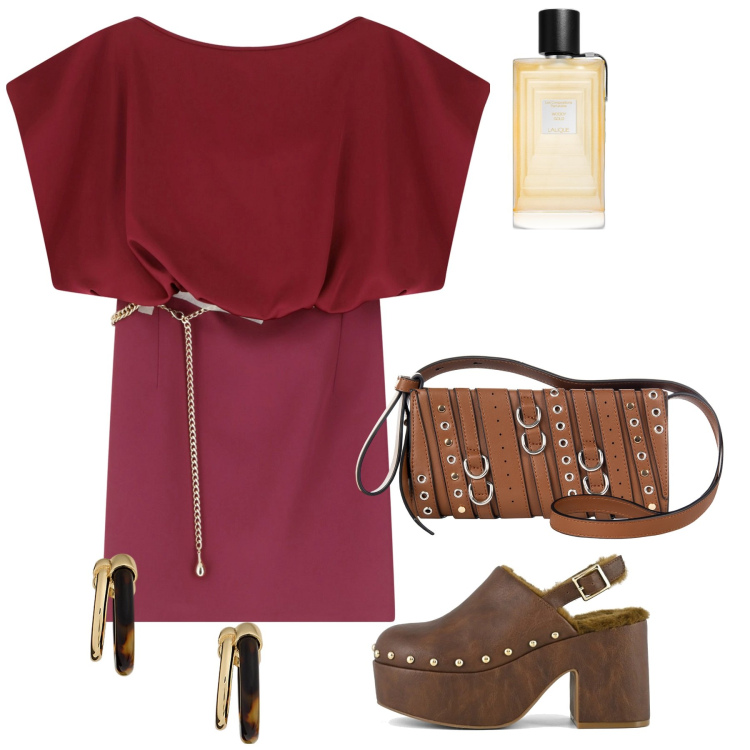 Outfit donna - Red Summer. Stile Chic per Tutti i giorni. Abbinamento con profumi, borse a spalla, vestiti corti, orecchini, sabot.
