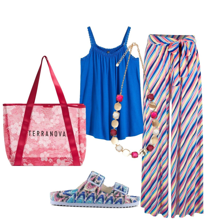 Outfit donna - Righe colorate. Stile Casual chic per Tutti i giorni. Abbinamento con pantaloni a palazzo, top, shopping bag, sandali, collane.