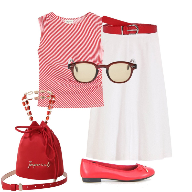 Outfit donna - Accessori rossi. Stile Bon Ton per Tutti i giorni. Abbinamento con top, gonne longuette, cinture, borse a secchiello, occhiali da sole, ballerine.