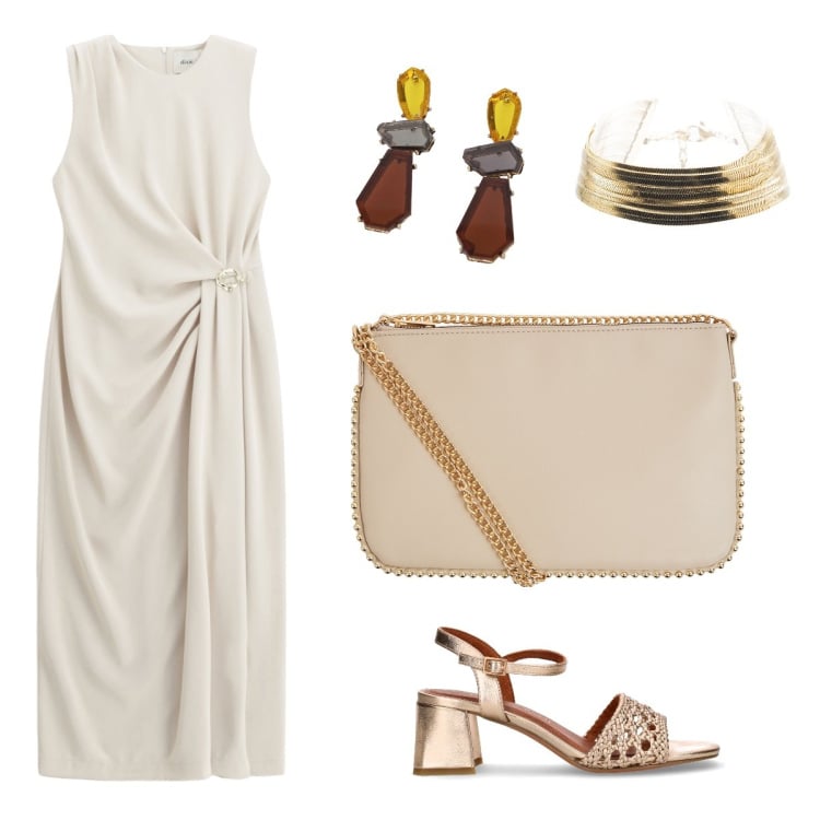 Outfit donna - Aperitivo in città. Stile Casual chic per Serata fuori. Abbinamento con borse a tracolla, vestiti midi/longuette, orecchini, braccialetti, sandali col tacco.