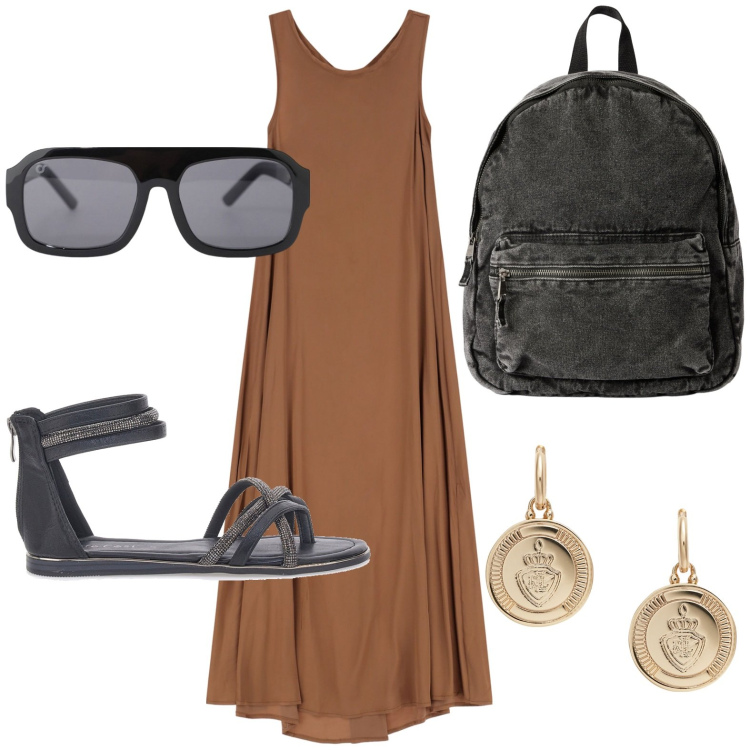 Outfit donna - Perfetta in città. Stile Etnico per Tutti i giorni. Abbinamento con zaini, vestiti lunghi, occhiali da sole, orecchini, sandali.