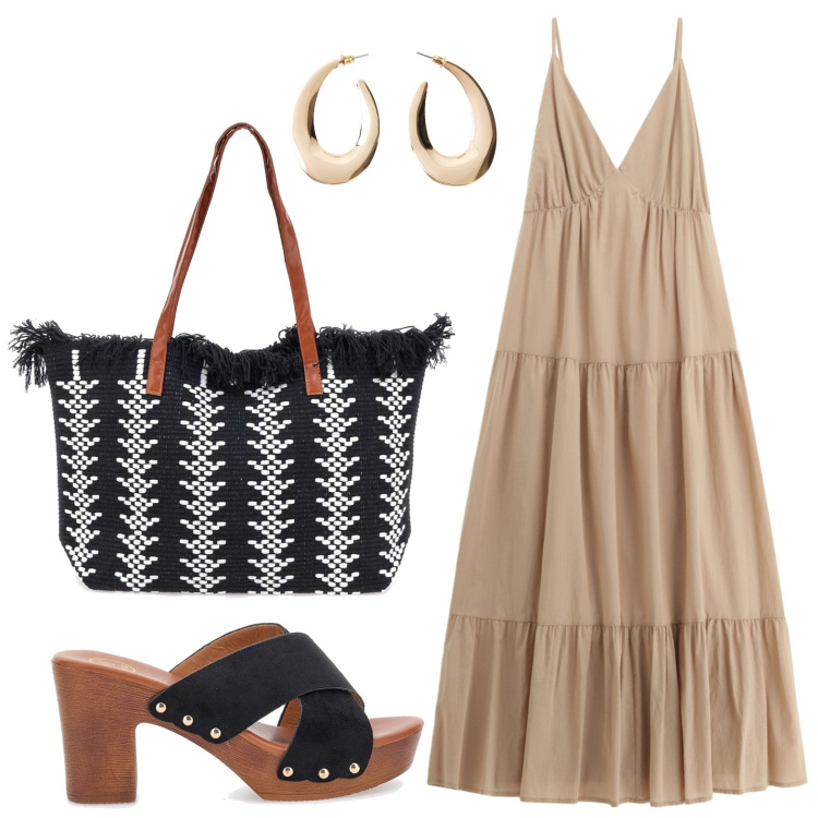 Outfit donna - Passeggiata in città. Stile Casual per Tutti i giorni. Abbinamento con orecchini, vestiti lunghi, borse a spalla, zoccoli.