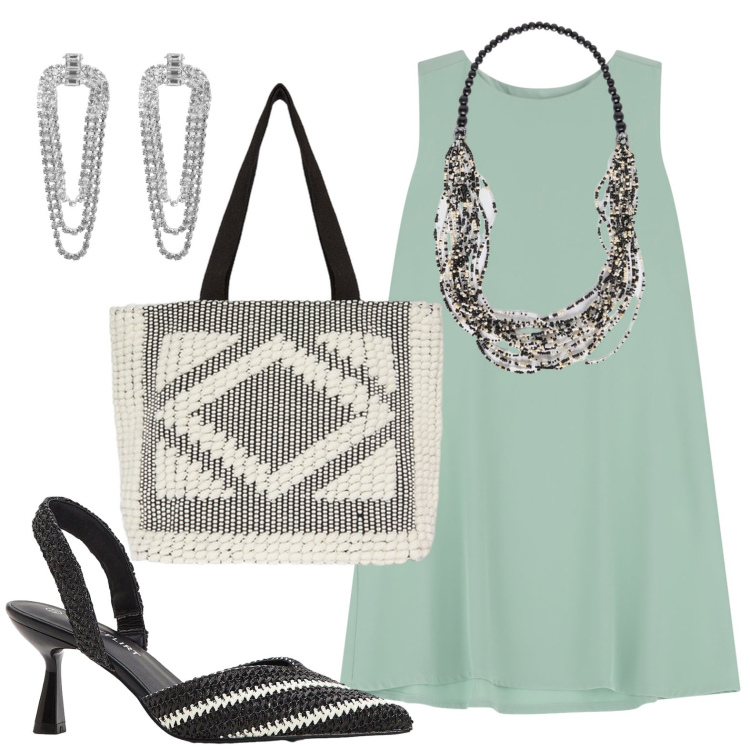 Outfit donna - Abito urbano. Stile Minimal per Tutti i giorni. Abbinamento con décolleté, orecchini, vestiti corti, collane, shopping bag.