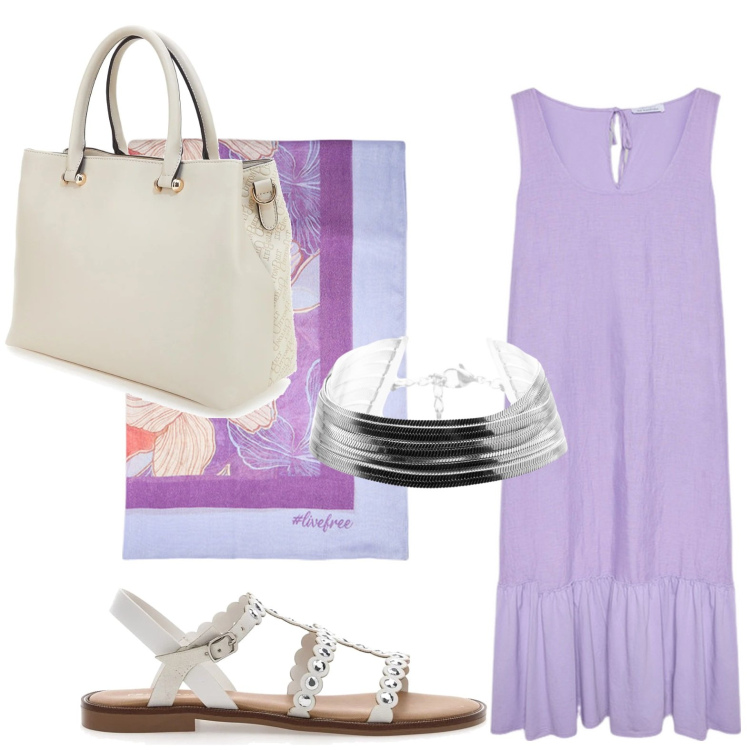 Outfit donna - L\'abito con balza. Stile Minimal per Ufficio. Abbinamento con braccialetti, vestiti lunghi, sandali, borse a tracolla, stole.
