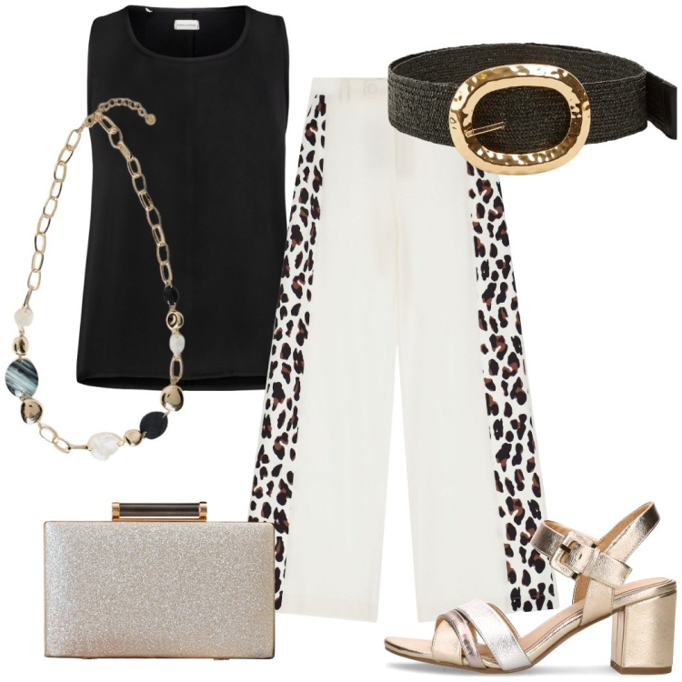 Outfit donna - Coordinato da città. Stile Casual chic per Serata fuori. Abbinamento con cinture, clutch, pantaloni a palazzo, top, collane, sandali col tacco.
