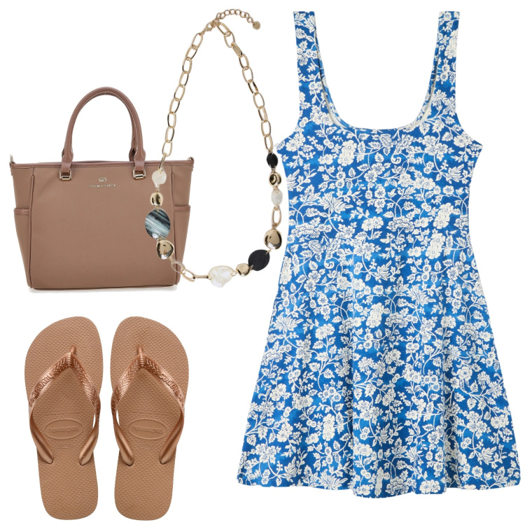 Outfit donna - Al mare. Stile Minimal per Mare. Abbinamento con vestiti corti, borse a tracolla, collane, ciabatte.