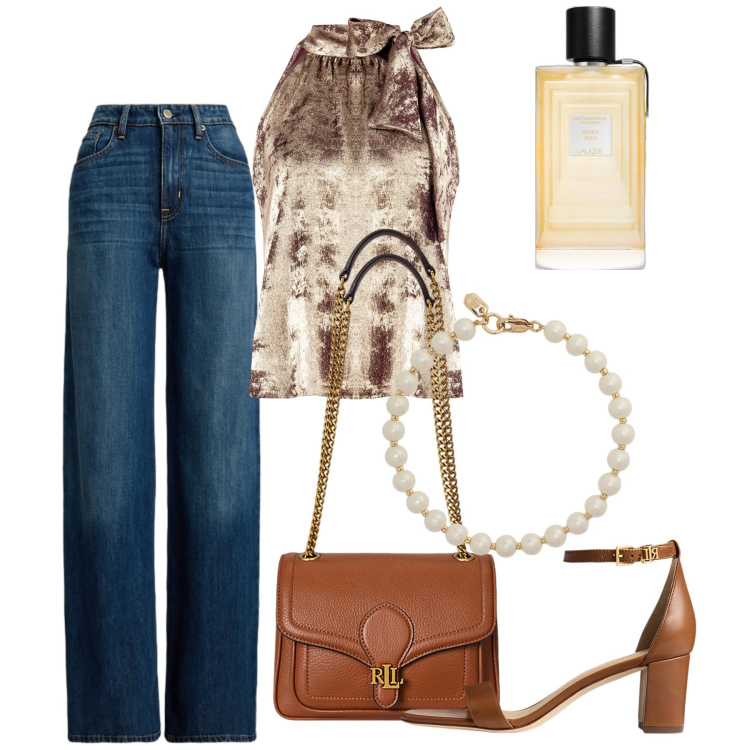 Outfit donna - Agosto. Stile Chic per Serata fuori. Abbinamento con profumi, top, borse a spalla, braccialetti, jeans, sandali in pelle.