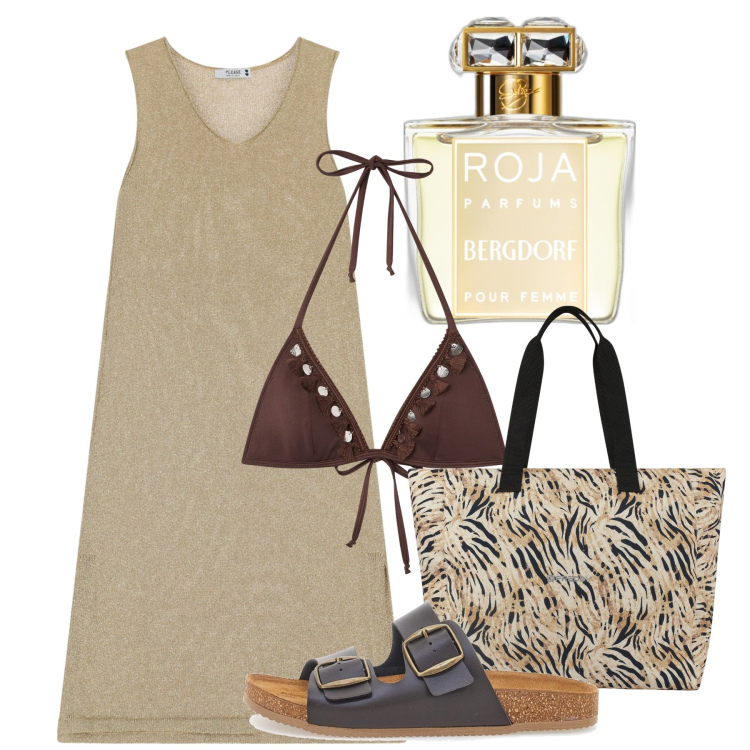 Outfit donna - Chi ad agosto ha una vita. Stile Chic per Mare. Abbinamento con profumi, bikini, vestiti midi/longuette, shopping bag, ciabatte.