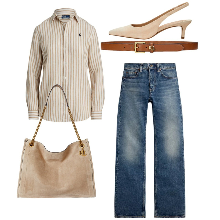 Outfit donna - Mannish con slingback. Stile Mannish per Tutti i giorni. Abbinamento con décolleté, borse tote, camicie, jeans bootcut, cinture.