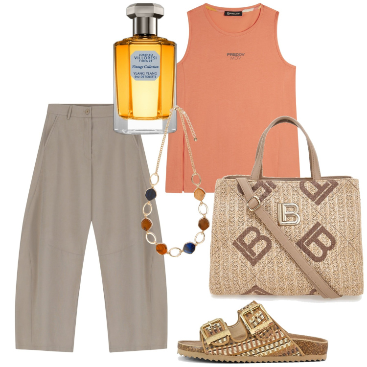 Outfit donna - Agosto. Stile Chic per Tutti i giorni. Abbinamento con profumi, pantaloni, canottiere, collane, sandali, borse a tracolla.