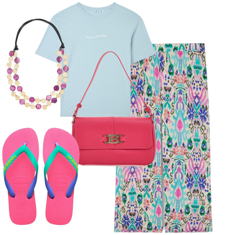 Outfit donna - Al mare. Stile Casual chic per Mare. Abbinamento con t-shirt, pantaloni a palazzo, borse a spalla, ciabatte, collane.