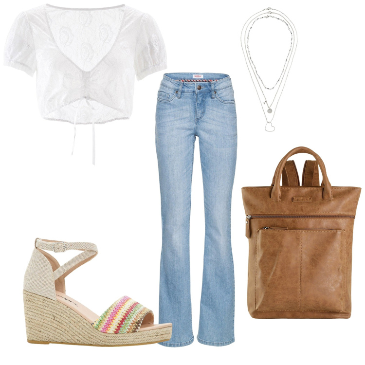 Outfit donna - Vintage con stile. Stile Vintage retrò per Tutti i giorni. Abbinamento con camicie, zaini, jeans bootcut, collane, sandali.