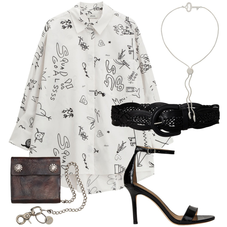 Outfit donna - Fumetto Chic. Stile Casual chic per Serata fuori. Abbinamento con shorts, camicie, braccialetti, cinture, portafogli, sandali in pelle.