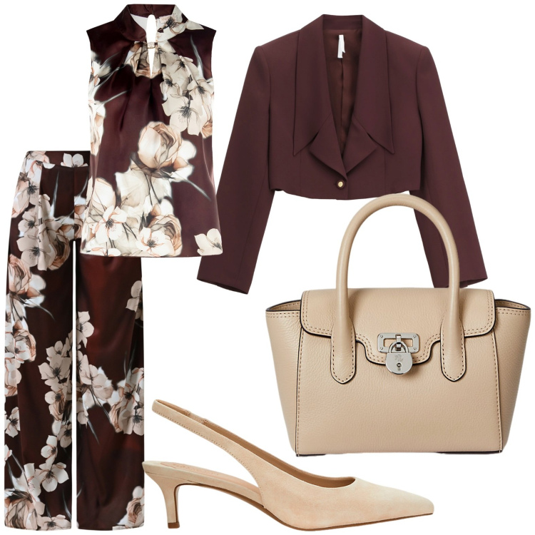 Outfit donna - Elegante con poco. per Cerimonia. Abbinamento con top, pantaloni a palazzo, blazer, décolleté, borse a mano.