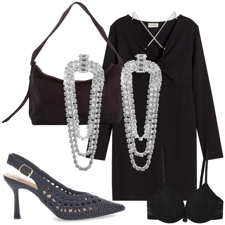 Outfit donna - Luminosissimi orecchini. Stile Glamour per Serata fuori. Abbinamento con borse a mano, vestiti corti, orecchini, reggiseni push-up, décolleté.