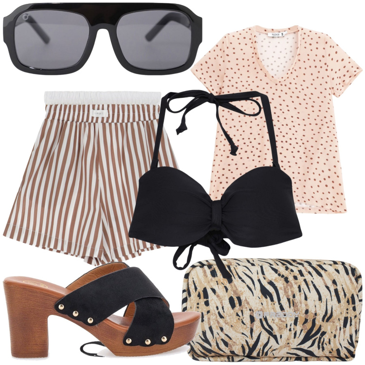 Outfit donna - Righe e pois in riva al mare. Stile Trendy per Mare. Abbinamento con bikini, t-shirt, occhiali da sole, pantaloni corti, valigie, zoccoli.