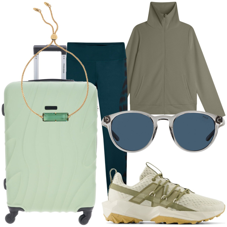 Outfit donna - Mi ricordo montagne verdi. Stile Trendy per Tutti i giorni. Abbinamento con sneakers, felpe, leggings, occhiali da sole, braccialetti, valigie.
