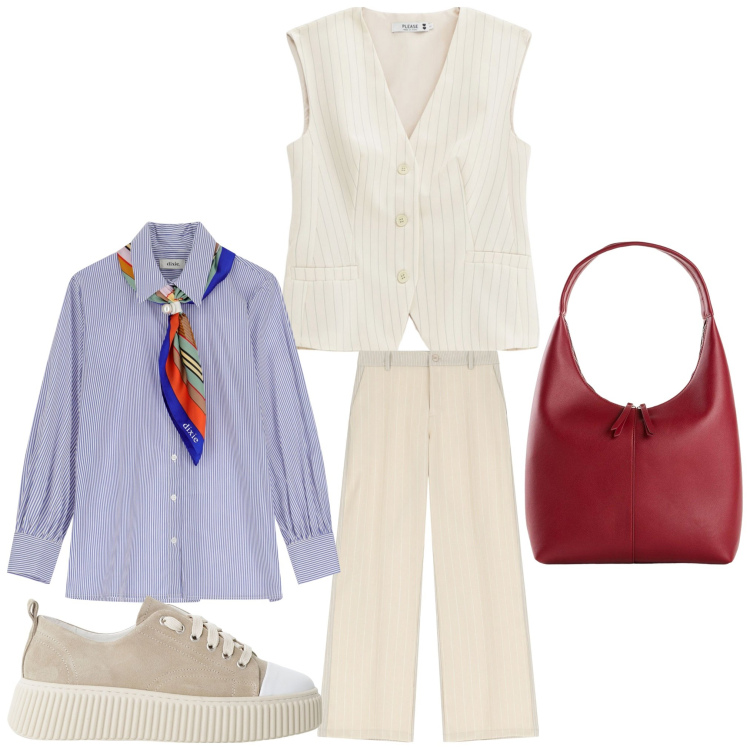 Outfit donna - Agosto mannish. Stile Mannish per Ufficio. Abbinamento con shopping bag, pantaloni, gilet, sneakers, camicie.