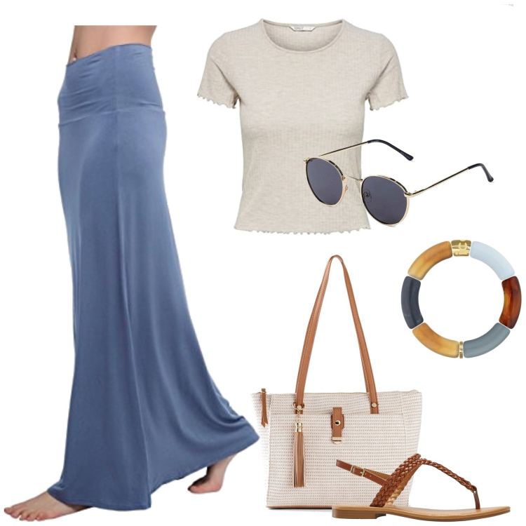 Outfit femme - Aurore. Style Basique pour Plage. Assortir avec sandales à talon, sac cabas, lunettes de soleil, jupes longues, hauts, bracelets.