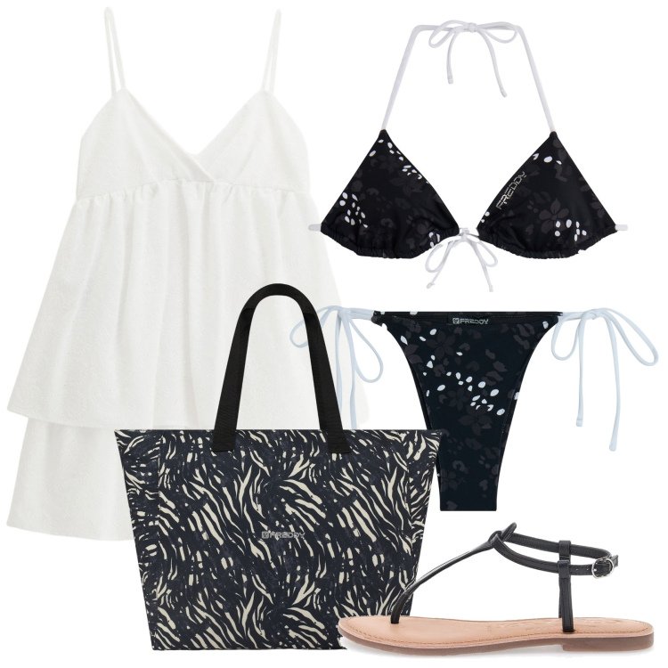 Outfit donna - Al lido. Stile Casual chic per Mare. Abbinamento con vestiti corti, bikini, shopping bag, bikini, ciabatte.