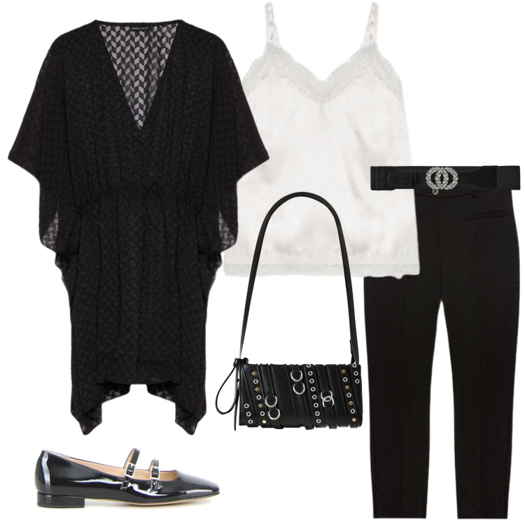 Outfit donna - Caftano per le sere estive. Stile Chic per Serata fuori. Abbinamento con cinture, borse a spalla, caftani, pantaloni chino, canottiere, ballerine.