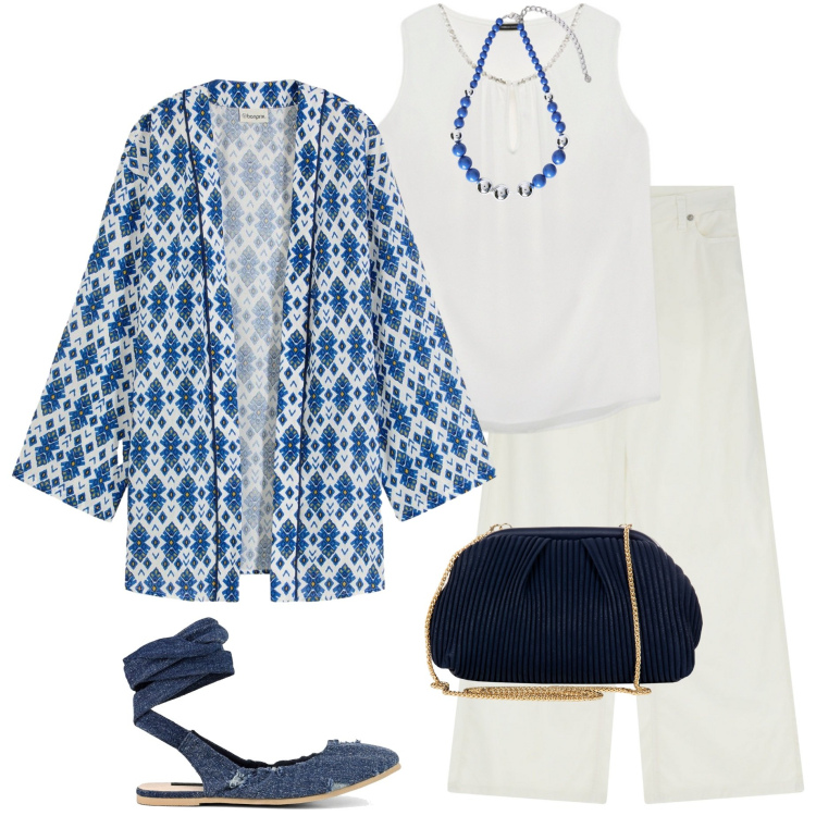 Outfit donna - Caftano per le sere estive. Stile Casual chic per Serata fuori. Abbinamento con kimono, pochette, pantaloni a palazzo, collane, top, ballerine.