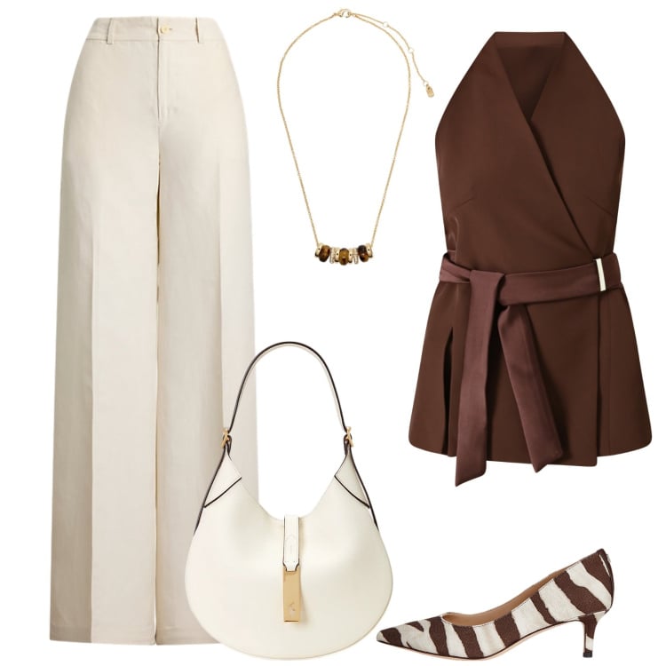 Outfit donna - Linee essenziali. Stile Chic per Cerimonia. Abbinamento con gilet, top, décolleté, pantaloni, borse a spalla, collane.