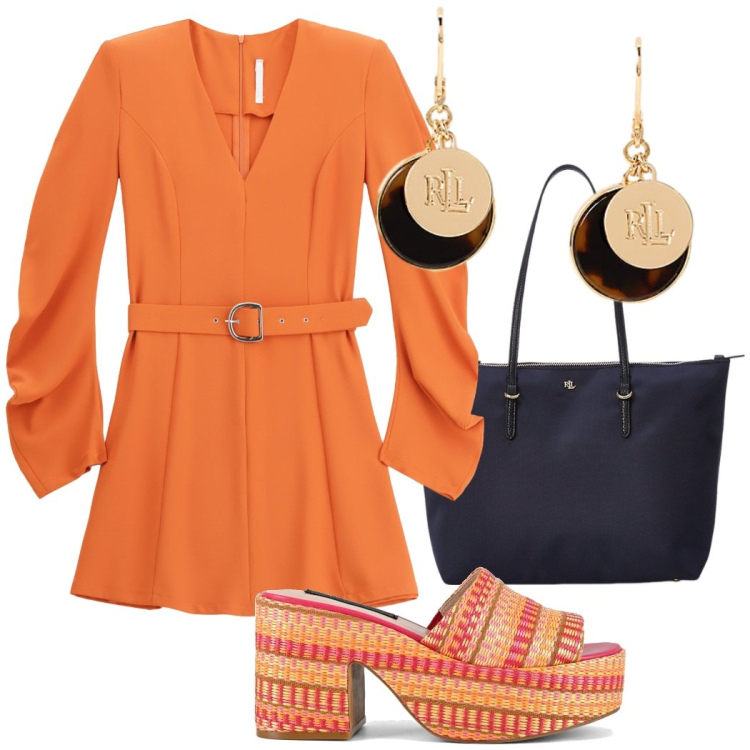 Outfit donna - Un abito arancio. Stile Chic per Serata fuori. Abbinamento con vestiti corti, borse tote, orecchini, zeppe.