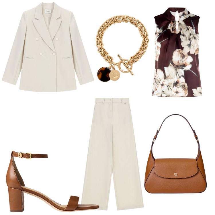 Outfit donna - Tailoring estivo. Stile Chic per Cerimonia. Abbinamento con top, pantaloni, borse a spalla, sandali in pelle, braccialetti con ciondoli.