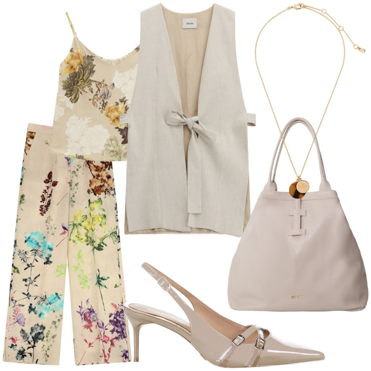 Outfit donna - Nel cuore della bella stagione. per Ufficio. Abbinamento con décolleté, top, borse tote, gilet, pantaloni a palazzo, collane.