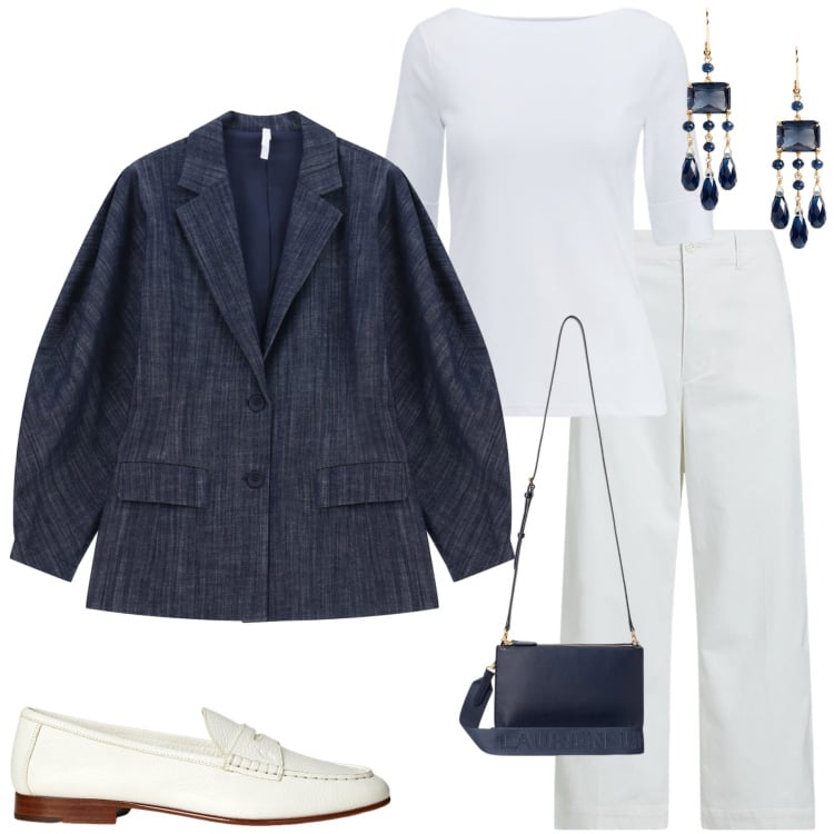 Outfit donna - Tailoring estivo. Stile Casual chic per Serata fuori. Abbinamento con blazer, t-shirt, pantaloni, mocassini, borse a tracolla, orecchini.