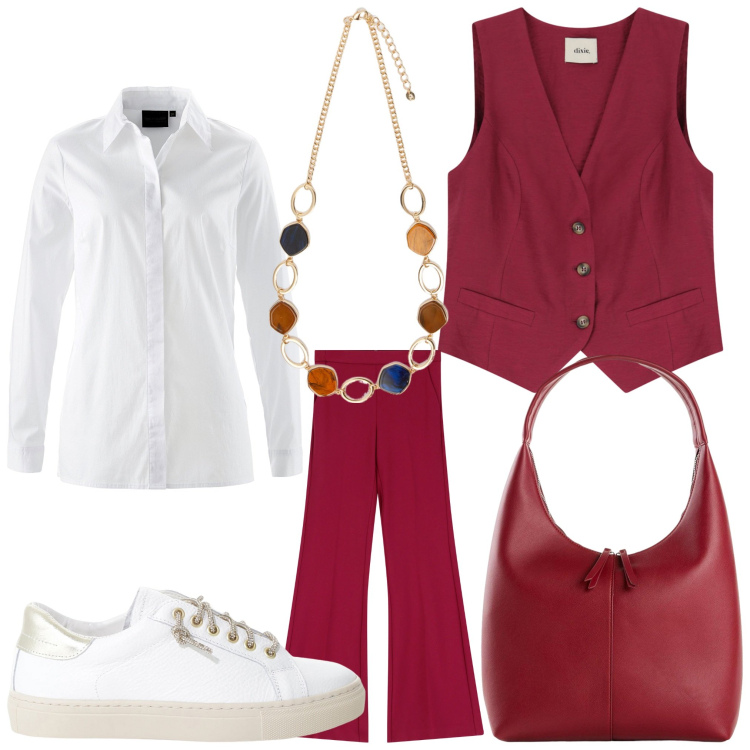 Outfit donna - Sporty red. Stile Sporty chic per Ufficio. Abbinamento con shopping bag, camicie, pantaloni, sneakers, gilet, collane.