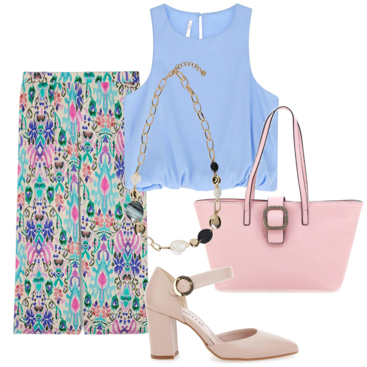 Outfit donna - Colori pastello. Stile Romantica per Tutti i giorni. Abbinamento con top, décolleté, collane, pantaloni a palazzo, borse a spalla.