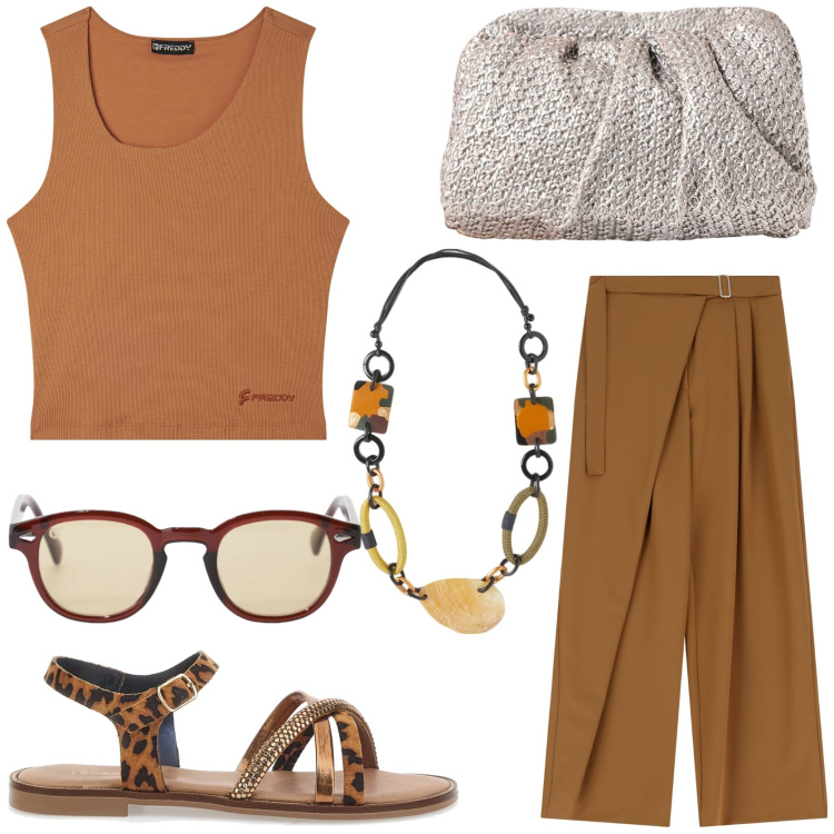 Outfit donna - I pantaloni perfetti per l\'estate. Stile Casual chic per Tutti i giorni. Abbinamento con clutch, pantaloni a palazzo, occhiali da sole, top, collane, sandali.