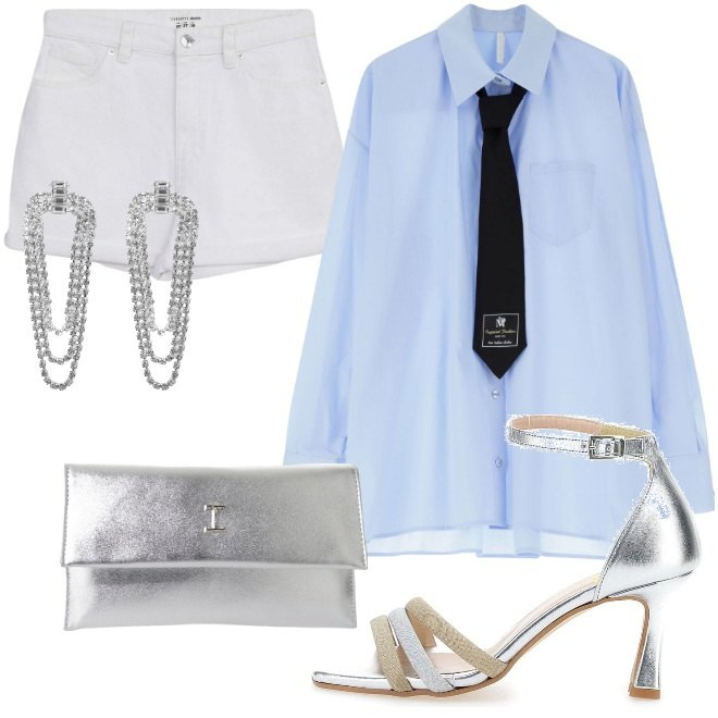 Outfit donna - Tacchi e cravatta. Stile Trendy per Serata fuori. Abbinamento con shorts, orecchini, pochette, camicie, sandali col tacco.