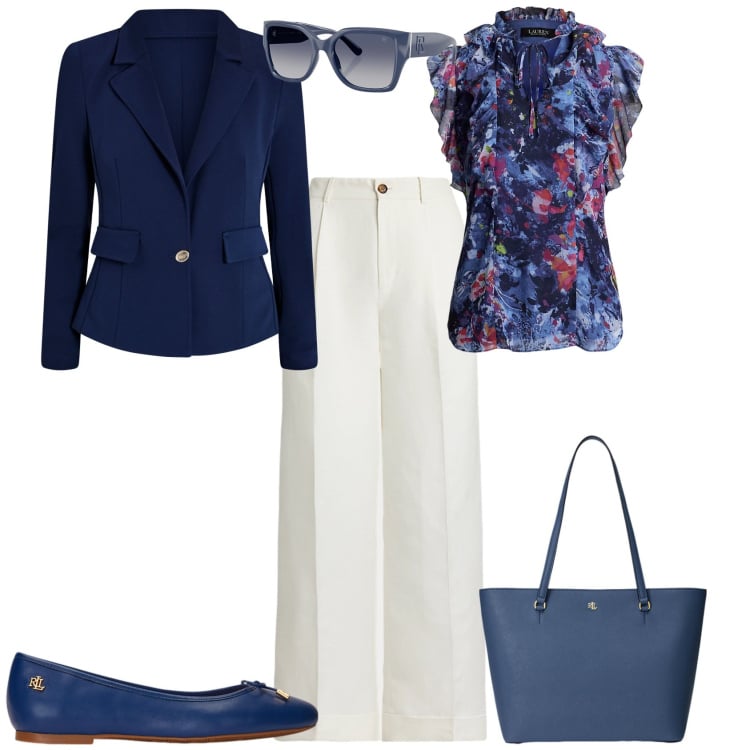 Outfit donna - Settembre. Stile Trendy per Tutti i giorni. Abbinamento con blazer, pantaloni, ballerine, borse tote, occhiali da sole, top.