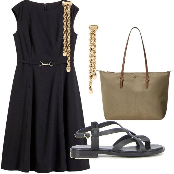 Outfit donna - A cena fuori. Stile Casual chic per Serata fuori. Abbinamento con vestiti, borse tote, orecchini, sandali.