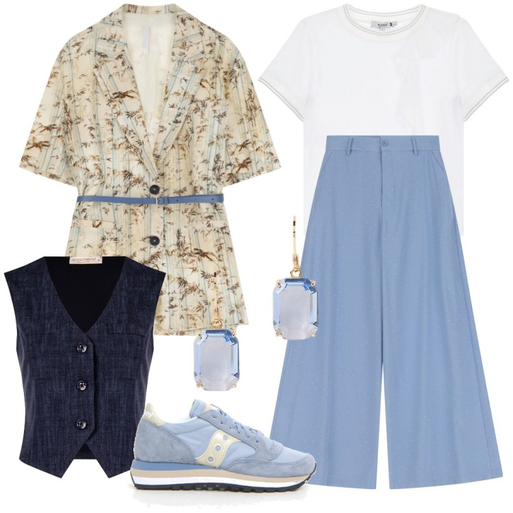 Outfit donna - Il blazer fantasia. Stile Casual chic per Ufficio. Abbinamento con gilet, pantaloni, t-shirt, blazer, orecchini, sneakers.