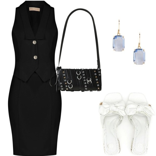 Outfit donna - A cena fuori. Stile Casual chic per Serata fuori. Abbinamento con borse a spalla, vestiti a tubino, orecchini, ciabatte.