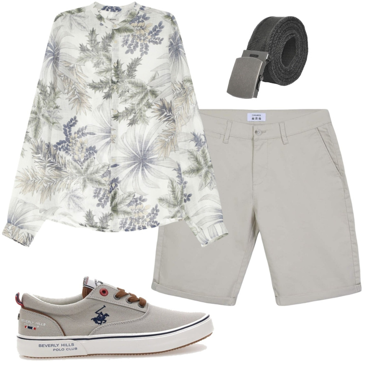 Outfit uomo - Hawaiana colori neutri. Stile Casual per Tutti i giorni. Abbinamento con bermuda, cinture, camicie, sneakers.