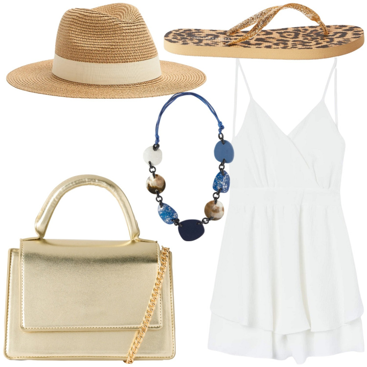 Outfit donna - Super stilosa in città. Stile Boho per Tutti i giorni. Abbinamento con cappelli, tuta corta, borse a tracolla, infradito, collane.