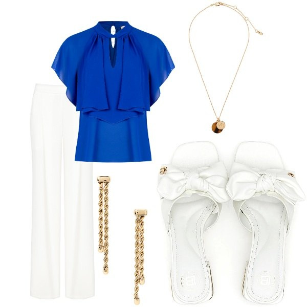 Outfit donna - Compleanno in villa. Stile Casual chic per Serata fuori. Abbinamento con bluse, pantaloni, orecchini, collane, ciabatte.