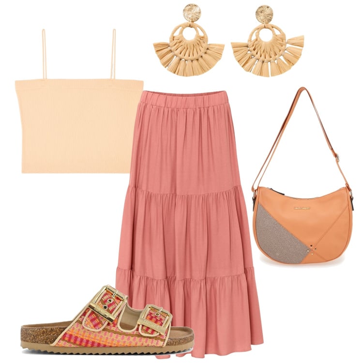 Outfit donna - La gonna lunga. Stile Boho per Tutti i giorni. Abbinamento con gonne longuette, orecchini, canottiere, borse a tracolla, sandali.