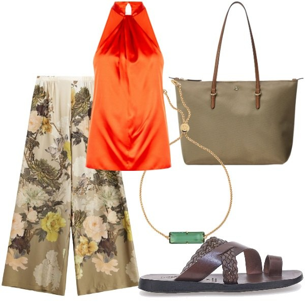 Outfit donna - A cena fuori. Stile Casual chic per Serata fuori. Abbinamento con top, pantaloni a palazzo, braccialetti, borse tote, ciabatte.