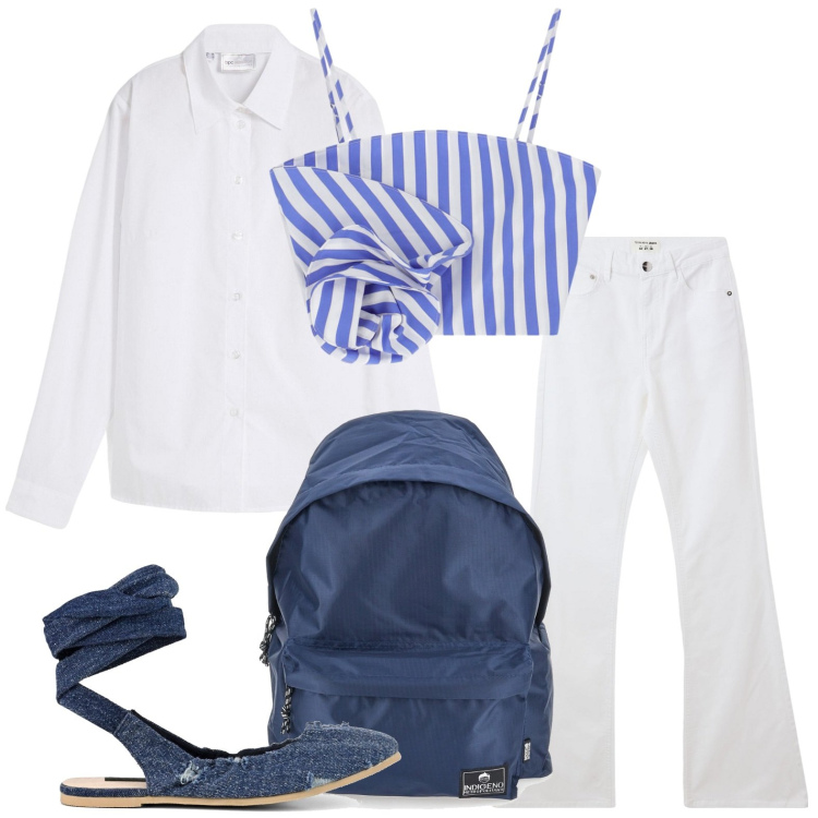 Outfit donna - Accessori blu. Stile Minimal per Scuola/Università. Abbinamento con camicie, jeans a zampa, canottiere, ballerine, zaini.