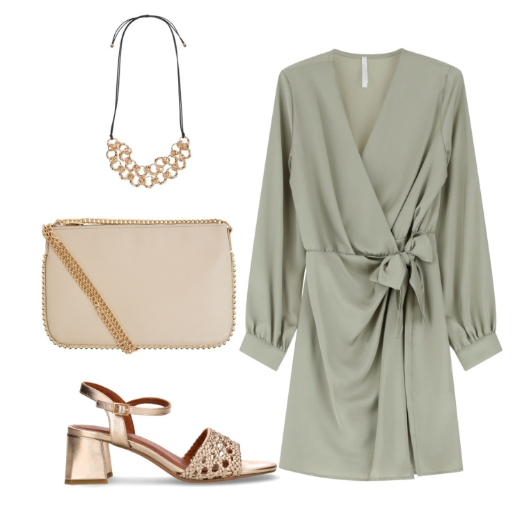 Outfit donna - Sandali oro. Stile Bon Ton per Cerimonia. Abbinamento con borse a tracolla, vestiti corti, sandali col tacco, collane.