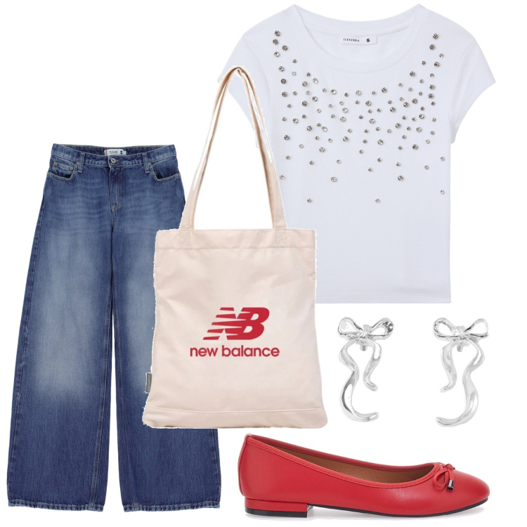 Outfit donna - T-shirt gioiello. Stile Minimal per Tutti i giorni. Abbinamento con orecchini, t-shirt, shopping bag, jeans, ballerine.