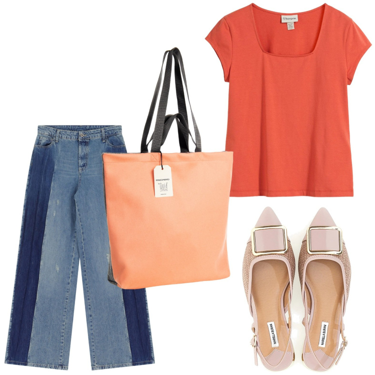 Outfit donna - Jeans originale. Stile Casual per Tutti i giorni. Abbinamento con t-shirt, borse tote, jeans, ballerine.